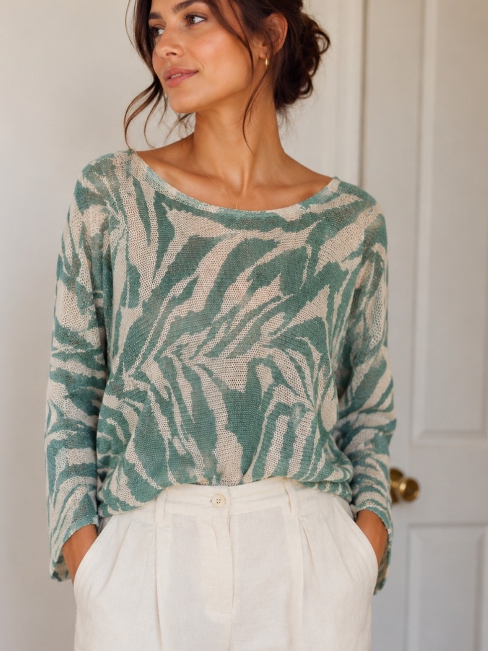 Alviero Martini Green and Cream Zebra-Pattern Knit Top